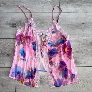 Frankies Bikinis Juliet Watercolor Floral Pink Lace Silk Tank Women’s small